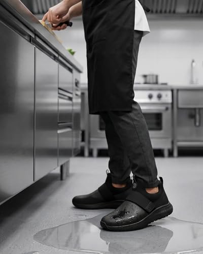Image of Non Slip Work Shoes for Men Slip On Food Service Kitchen Chef Restaurant Shoe Waterproof Slip Resistant Walking Sneakers Lightweight Comfortable Working Footwear Leather