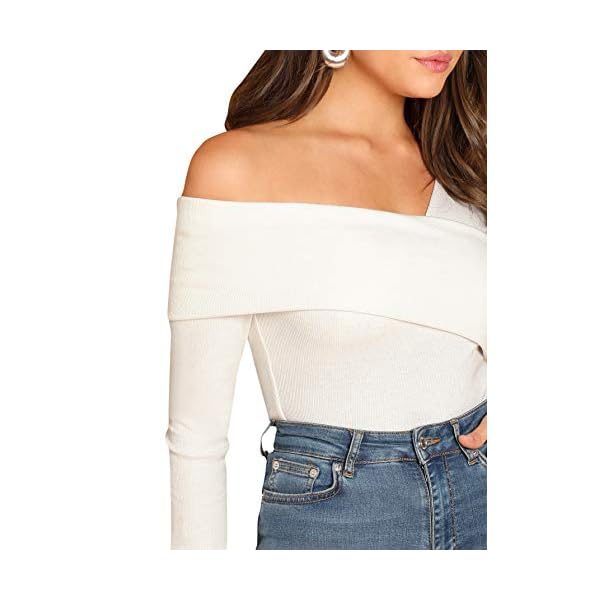 Romwe-Womens-Casual-Cross-Off-Shoulder-Deep-V-Neck-Ribbed-Knit-Slim-Wrap-Tee-Shirt-Blouse ROMWE Women's Slim Cross Wrap Asymmetrical Neck Solid Ribbed Knit Tee Shirt Blouse White Medium