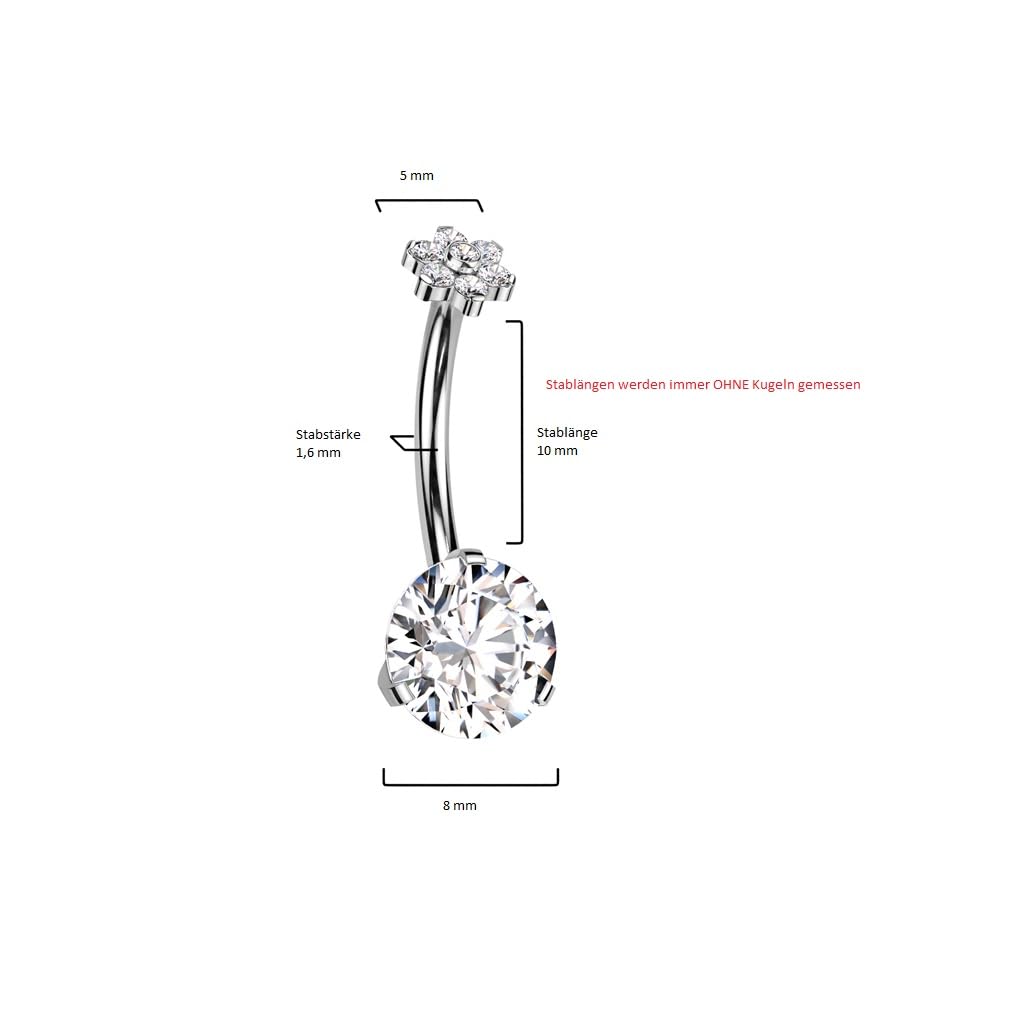 Paula & Fritz® Push-In Piercing Bauch-nabelpiercing Silber Gold Blume Zirkonia Titan-ium Grade 23 Mehrfarbig 1,6-mm Stab-Dicke Gewindelos Bananabell Nabelpiercing