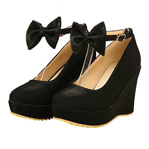 BEAUPAS Women's Round Toe Wedge Platform High Heel Pumps Ankle Strap Buckle Bows Cute Shoes2