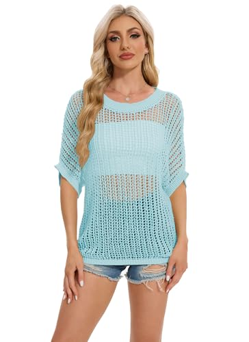 Image of LOZ Womens Summer Scoop Neck 3 /4 Sleeve Sweater Casual Crochet Hollow Out Knit Tops Pullover Shirts Beach Coverup