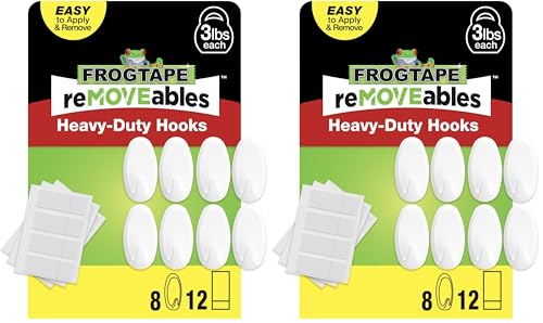 Image of FrogTape reMOVEables Heavy Duty Wall Hooks - No Damage - Easy to Remove & Reuse - Medium Wall Hook with Adhesive Strips - Holds up to 3 lbs - Includes 8 Hooks and 12 Strips - White (Pack of 16)
