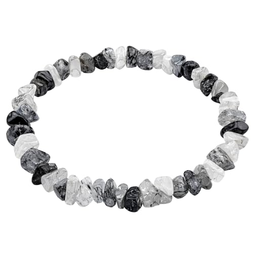 Image of Certified Black Rutilated Quartz Bracelet for Women Men with Healing Crystal and Reiki Stone - Beautiful Gemstone Beaded Bracelet for Balance, Harmony & Positive Energy (Chips Stone Beads)