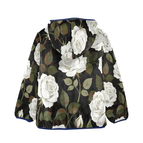 Elegant White Roses on Black Toddler Fleece Jacket Girl Boys Hooded Fleece Jacket Coat Warm Outwear Zip-up 3-10T2