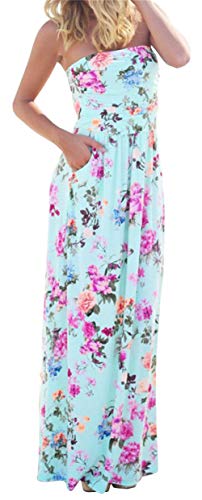 PRIMODA Womens Strapless Tube Top Maxi Dress Floral Boho Beach Dress with Pockets