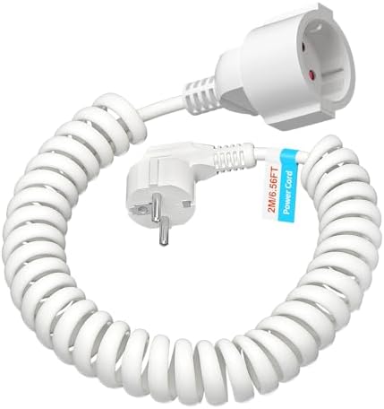 2M Schuko Verlängerungskabel, Schutzkontakt Spiralleitung dehnbar bis 2M Max, IP20 Verlängerungsleitung (230V/16 A), Spiralkabel 3 x 1,0 mm² mit Schuko Stecker & Kupplung, Weiß