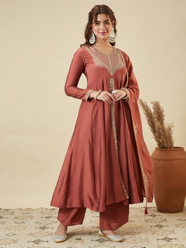 Image of MOKOSH Women's Silk Anarkali Kurta Pant with Dupatta | Anarkali Kurta Set | Embroidery | Indian Kurta Outfit With Pant | Ethnic Kurta | 3 Piece Outfit