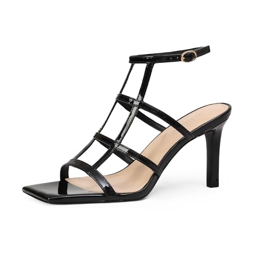Womens Strappy Heels 3 inch Slingback Square Open Toe Stilettos Sandals, Patent Leather, Sexy Party Dress Shoes