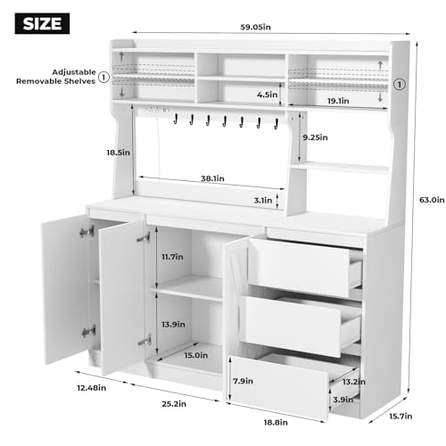Loomie Farmhouse Sideboard Buffet Cabinet with Storage, 59" Kitchen Storage Cabinet with Power Outlet & LED Light, Coffee Bar w/Microwave Stand & Doors & Drawers & Hooks & Adjusted Shelves (White)
