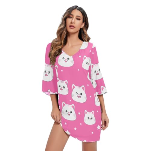 Robe d'été en mousseline rose fluide à imprimé fleuri et élégant col en V pour femme