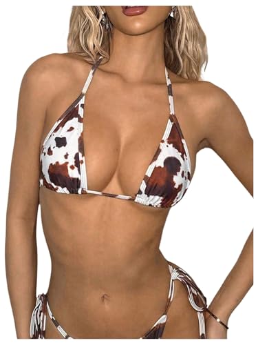 Verdusa Women's Y2K Animal Cow Print Triangle Halter Bikini Tops Tie Backless Swimwear Top