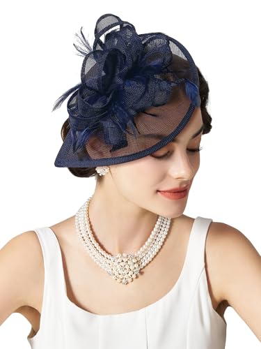 SWEETV Tea Party Hats Fascinators for Women Fascinators Hats for Kentucky Derby Cocktail Wedding Fancy Dress Party (US Alpha One Size Navy Blue)
