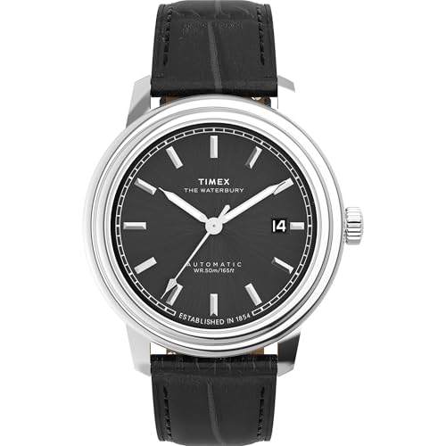 TIMEX Analog Men Black Waterbury Metropolitan Mechanical Automatic Watch with Round Dial & Leather Strap Band Water Resistant Wrist Watches - TW2Y23000UJ