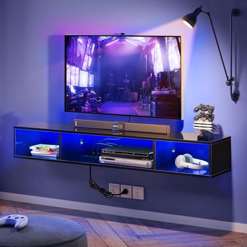 Image of Rolanstar TV Stand with Power Outlet, Floating TV Stand with RGB Lights, 55.1 inch Wall Mounted TV Shelf, Glossy Black Media Console with Storage Shelf, Entertainment Under TV for Living Room, Bedroom