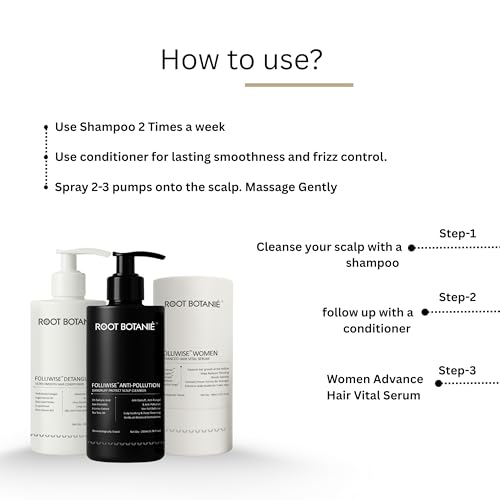 Image of FOLLIWISE Women 3-in-1 Dandruff & Hair Care Combo | Anti-Pollution Shampoo, Ultra Smooth Conditioner & Vital Hair Serum | Complete Scalp Cleanliness, Softness & Daily Hair Strength Kit
