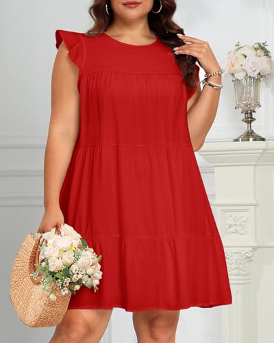 Image of Holipick Women's Plus Size Summer Dresses Casual Short Dress Babydoll Ruffle Sleeve Swing Flowy Sleeveless Tunic Dress