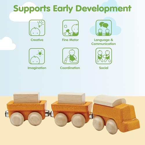 Image of PlanToys Cargo Train Wooden Montessori Vehicle Toy | Early Movement, Imagination and Practical Life Exploration | Eco Friendly Train Set with Cargo Blocks for Meaningful Play
