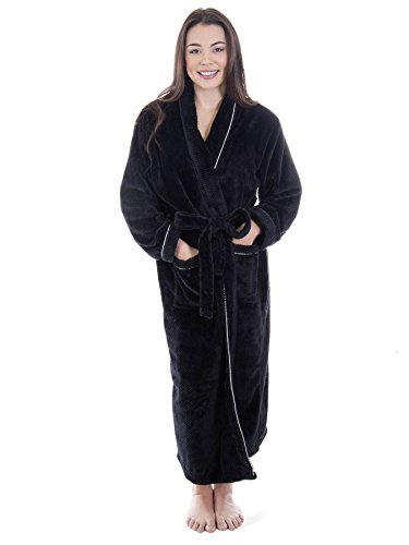 Womens Robe Plush Coral Velvet Spa Bathrobe w/Satin Trim, BLKSIL