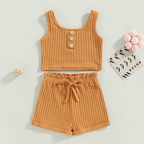 Moreeluck Toddler Baby Girl Summer Clothes Shorts Set 2Pcs Casual Ribbed Tank Top Camisole And Drawstring Short Bottoms Tracksuit (A Yellow, 6-12 Months) #TOP3
