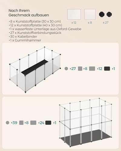 SONGMICS Kleintiergehege mit Bodenplatten, Laufstall mit Abnehmbarer und wasserfester Unterlage, Gehege für Hamster, Kaninchen, Meerschweinchen, 125 x 63 x 42 cm, weiß LPC009W01