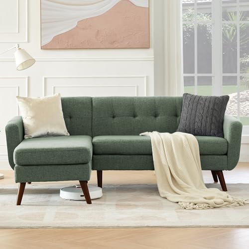 Image of Kingfun L Shaped Couch, 80 inch W Mid-Century Modern Sectional Couches, 3 Seater Sofas with Wide Chaise Lounge for Living Room, Bedroom, Green