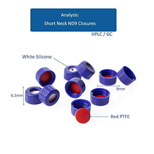 Alwsci 2Ml 9Mm Hplc Vial，Clear Autosampler Vial, Borosilicate Sample Vial With Graduation, 9-425 Type Screw Threaded Vial, Blue Screw Cap With Hole, Red Ptfe&White Silicone Septa, 100 Of Pack #TOP2