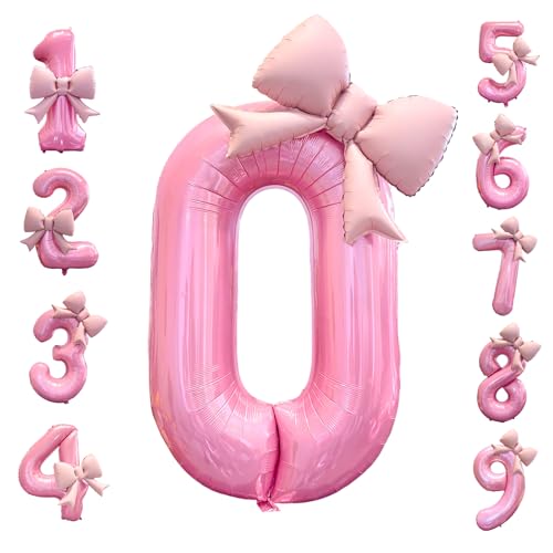 40 Inch Number 0 Balloon Pink with Bow - Large Foil Mylar 7th Birthday Balloons for Girls Party Decorations Supplies, Big Nine Balloon for 10 20 30 40 50 60 70 80 90 100 Year Old