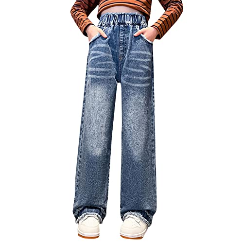 Betadog Girl's Bow Print Back Zipper Fly Elastic High Waist Denim Pants Basic Wide Leg Jeans Girls' Straight Pants