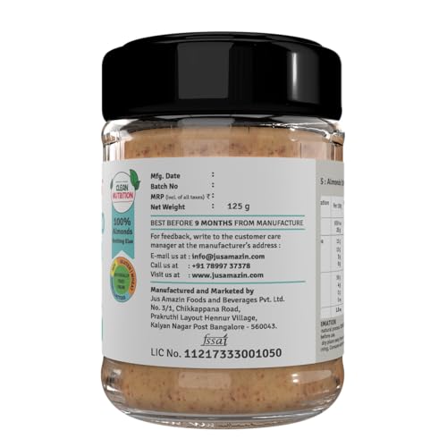 Image of Jus' Amazin Creamy Almond Butter - Unsweetened (125 g) | 25% Protein | Only Pure Whole Almonds | Zero Additives /Chemicals |Plant Based, Dairy Free, Keto | Clean Nutrition, 0% Chemicals