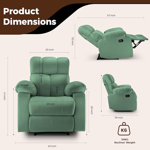 Image of Little NAP Helios Soft Suede Fabric Single Manual Standard Recliner | Padded 1 Seater Aaram Sofa | Relaxing Chair for Home Office Living Bed Room | Green