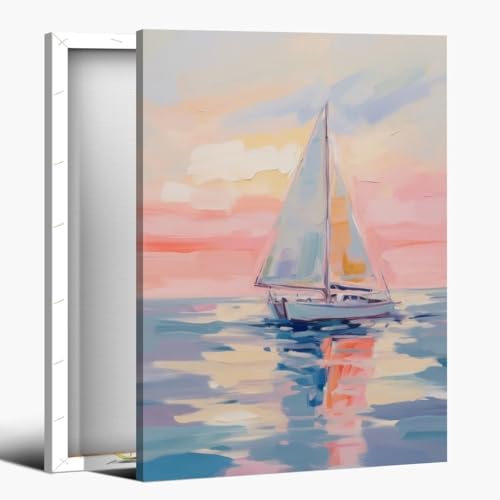 Medpol Trendy beach wall art pink sailboat watercolor painting summer