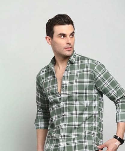 Image of Yuvawear, Men's Full Sleeve Checkered Casual Shirt, Blue, Green, and Cream Plaid Pattern