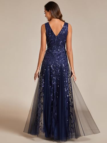Image of Ever-Pretty Women's Prom Dresses V Neck Sleeveless Tulle Hem A-Line Sequins Maxi Ball Gowns 02130
