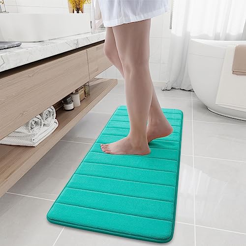 Image of Memory Foam Soft Bath Mats - Non Slip Absorbent Bathroom Rugs Rubber Back Runner Mat for Kitchen Bathroom Floors 16 inchx47 inch, Peacock Green
