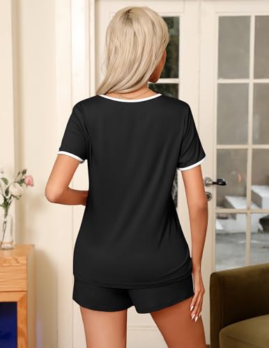 Image of Ekouaer Pajama Set for Women 2 Piece Lounge Set Short Sleeve Tops and Shorts Soft Sleepwear, Chest Pocket