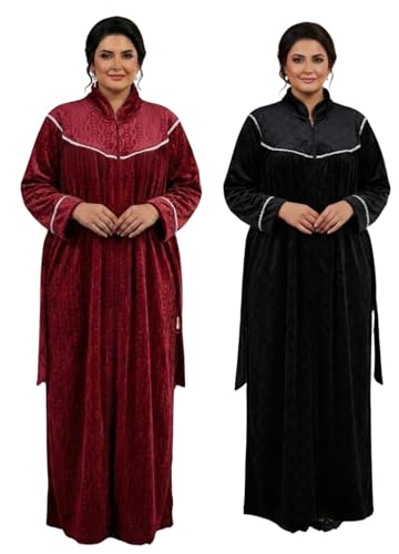 Stretchable Velvet High Neck Zip Front Full Sleeve Maxi Nighty Wi...