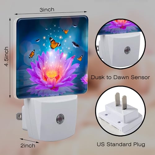 Image of Purple Lotus Flowers Butterflies Night Light for Kids,Glowing Lotus Butterfly Night Light Plug in with Dusk to Dawn Sensor,0.5w Energy Saving Nightlight for Hallway Stairway Kitchen Bedroom
