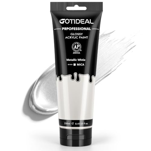 GOTIDEAL Metallic White Acrylic Paint 8.45oz/250ml Large White Metallic Paint Art Craft PaintsRich Pigments Non Toxic for Metal Wood Clay Fabric Canvas Furniture Handcrafts Art Supplies