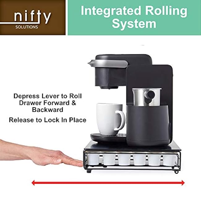 Nifty Rolling Coffee Pod Drawer - Glass Top & Chrome Finish, Compatible with K-Cups, 36 Pod Pack Holder, Compact Under Coffee Pot Storage Drawer, Slim Home Kitchen Counter Organizer