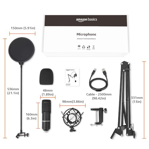 Image of amazon basics Condenser USB Microphone Kit with Adjustable Scissor Arm Stand | Shock Mount for PC and Mac