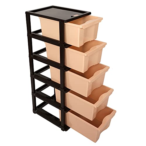 Image of SIMPARTE 5 Layer Plastic Drawer Storage Organizer Big in Brown & Beige - Durable Modular Cabinet for Home, Office, Kitchen, Kids Room & School - Multipurpose Storage Rack for Toys & More