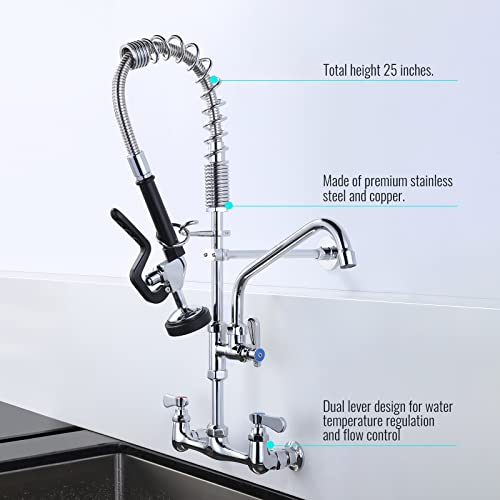 Aleasha 25 Inches Commercial Faucet With Sprayer, Commercial Sink Faucet With 8 Inches Adjustable Center, Commercial Wall Mount Faucet With 9.6 Inches Swivel Spout For Restaurant Industrial #TOP1