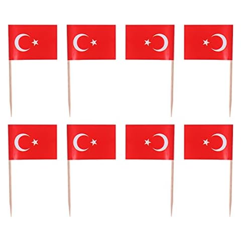PRETYZOOM 100pcs Turkey Flag Turkish Cupcake Toppers Picks Wooden Mini Stick Toothpick Flags Cocktail Picks Desert Fruit Picks for World Country Sports Party Cover