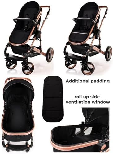 Baby Stroller 3 in 1 Pram Pushchair Buggy Child Lightweight Folding Stroller 3 in 1 Travel System Pram for Newborns Toddlers 0-36 Months from Birth Aluminium (Black - Rose Gold Frame)