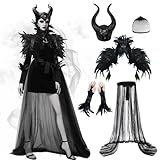 Disfraz Malefica Mujer, Reina Bruja Malvada, Halloween Vestido Gótico Cosplay Maléfica con Cuernos Negro Plumas Capa y Guantes, Disfraz de Maléfica Reina Negra Mala para Halloween Carnaval Cosplay