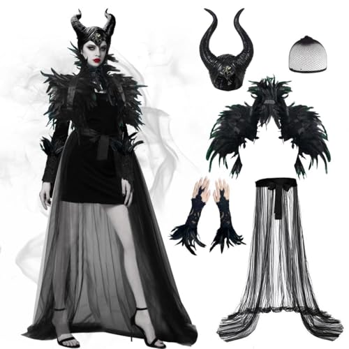 Disfraz Malefica Mujer, Reina Bruja Malvada, Halloween Vestido Gótico Cosplay Maléfica con Cuernos Negro Plumas Capa y Guantes, Disfraz de Maléfica Reina Negra Mala para Halloween Carnaval Cosplay