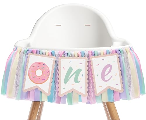 Image of Kriyokiaa Donut Highchair Banner 1st Birthday Girl Sweet One Birthday Party Decorations Rainbow High Chair Banner Photo Background