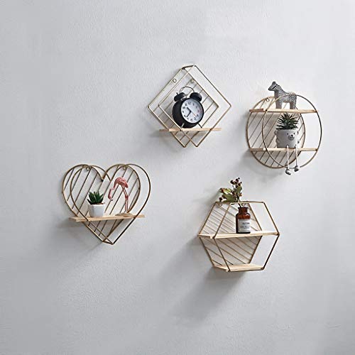 Conjunto de 4 estantes montados en la pared de alambre de metal y estantes de madera de almacenamiento decorativo flotante estante de exhibición Estantería Bastidores Record Holder planta de la flor d Cover