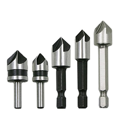 Driak 5pc 5 Flutes HSS Industrial Countersink Drill Bit Set Quick Change Bit 1/4 in Hex Shank Chamfer Chamfering Cutter tool Center Punch Tool Sets for Wood Metal Working