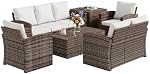 Ensemble de meubles de patio en osier 6 pièces Outsunny avec coussins, ensemble de canapé de patio en rotin 7 places avec table basse de rangement et table d'appoint, ensemble de meubles d'extérieur sectionnels, blanc crème